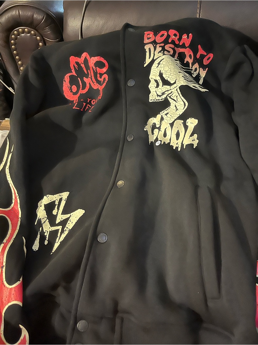 Rebel Minds Men’s Large Black Graphic Hooded Jacket Skull Flames Y2K NWT